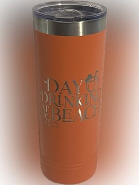 Coral Tumbler With Laser Engraving ~ 'Day Drinking At The Beach' Text 22 oz